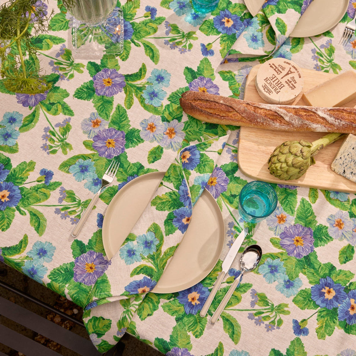 Bonnie & Neil Summer Patch Blue Linen Tablecloth with hand-drawn summer floral and foliage design on oat French flax linen