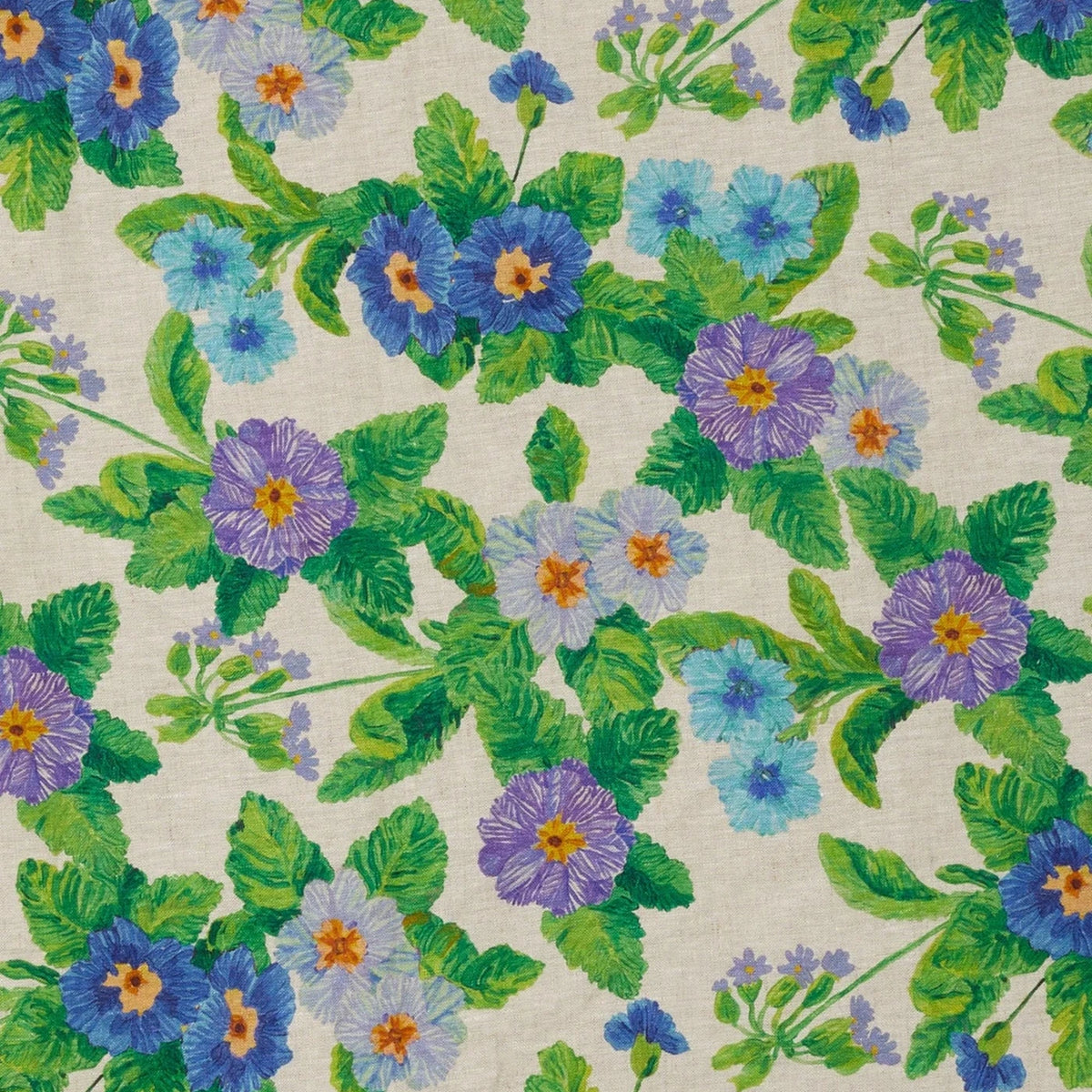 Bonnie & Neil Summer Patch Blue Linen Tablecloth with hand-drawn summer floral and foliage design on oat French flax linen