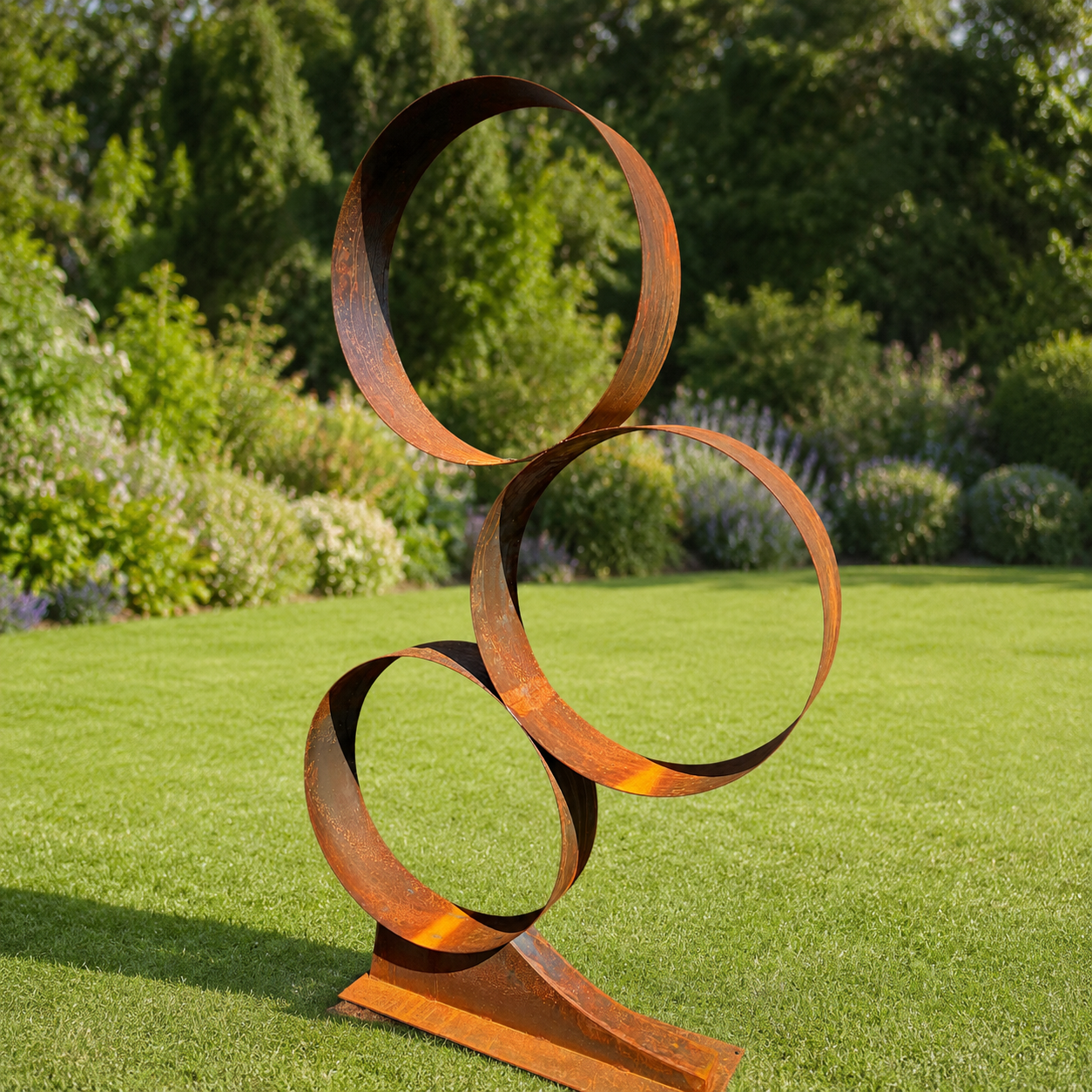 A rusted steel outdoor sculpture with three interlocking circular rings on a rectangular base, photographed on a green lawn with trees and shrubs in the background.