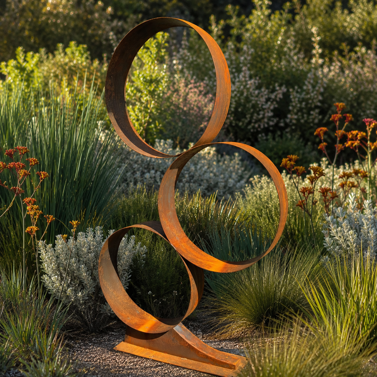A rusted steel abstract sculpture with three interlocking circular rings and a curved base, displayed outdoors in a landscaped garden with grasses and flowering plants.