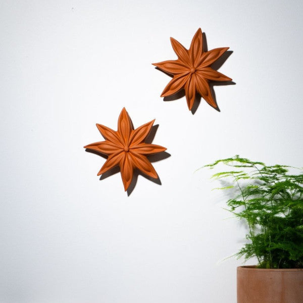 Two star-shaped wooden decor items on a white wall with a plant and books in the foreground.