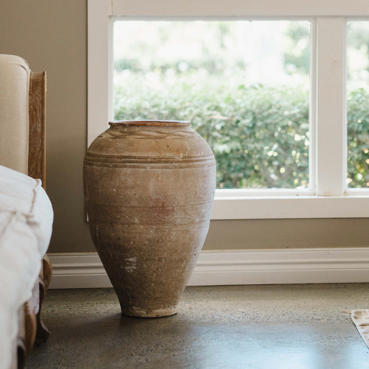 Ancient Turkish Odemis terracotta pot with weathered Mediterranean patina, hand-picked and available in Brisbane.