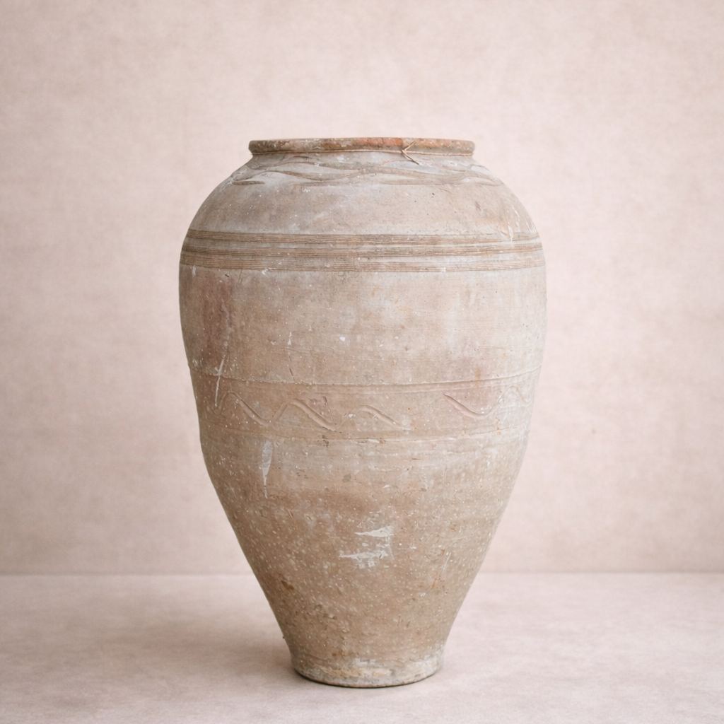 Ancient Turkish Odemis terracotta pot with weathered Mediterranean patina, hand-picked and available in Brisbane.