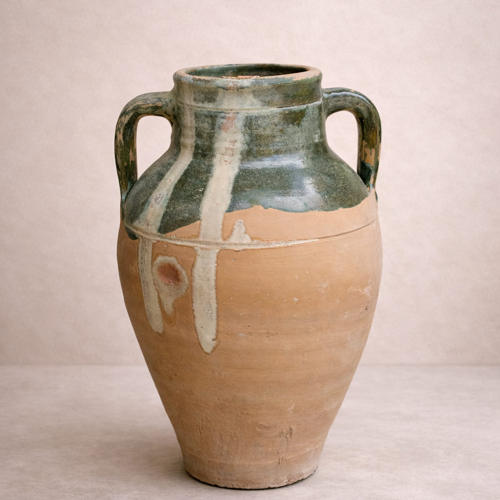 Ancient Turkish Odemis double handled terracotta urn with aged green glaze styled as a Mediterranean garden statement pot at Brookfield Gardens Brisbane.