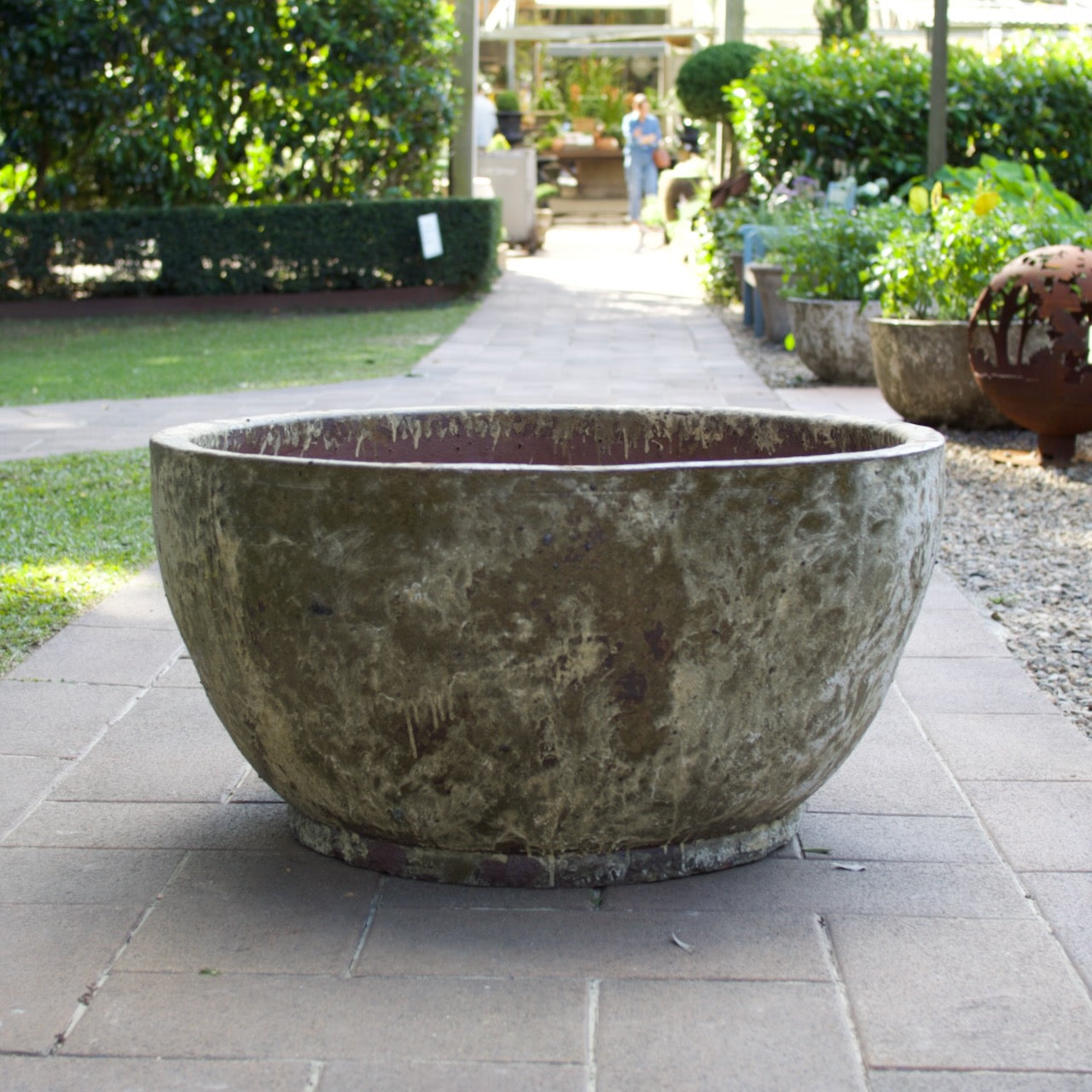 Rustica Footed Bowl Low with a timeless weathered finish. Available in multiple sizes at Brookfield Gardens, Brisbane.