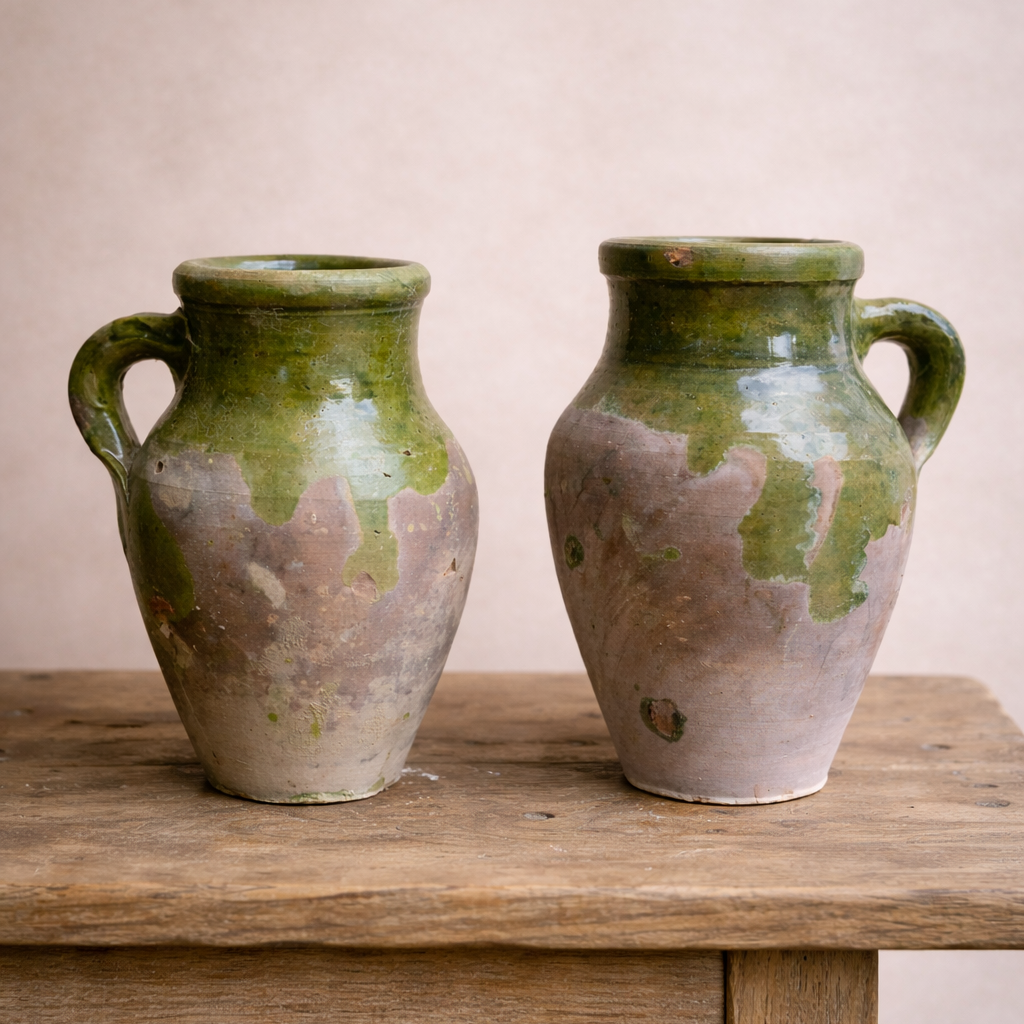 Small Turkish green glazed terracotta jugs with aged patina displayed on a timber table.