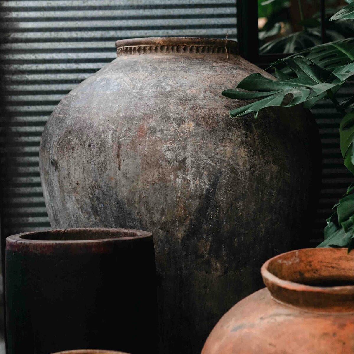 Tall Carved Clay Pot on Stand B Pots - Decorator Brookfield Gardens
