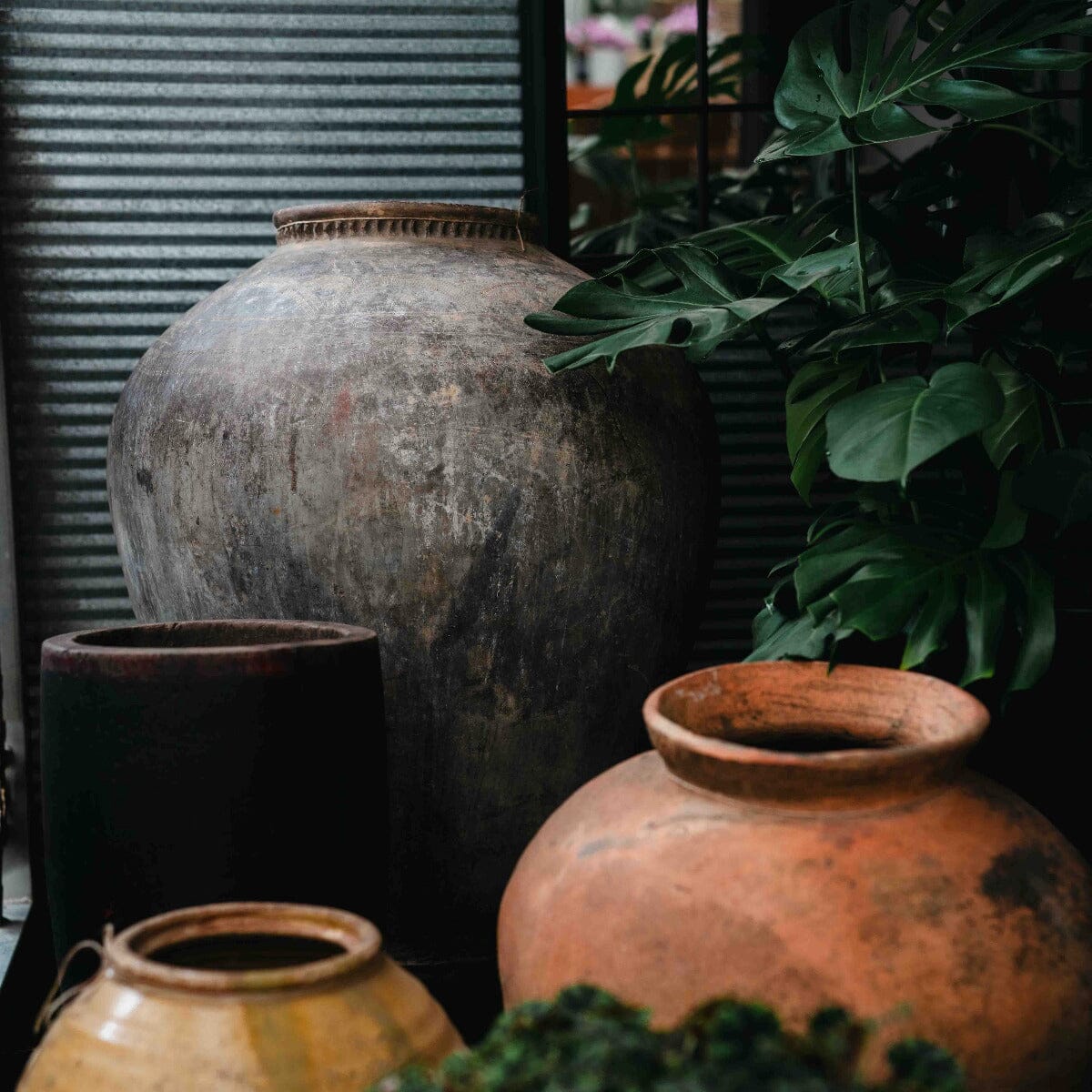 Tall Carved Clay Pot on Stand B Pots - Decorator Brookfield Gardens