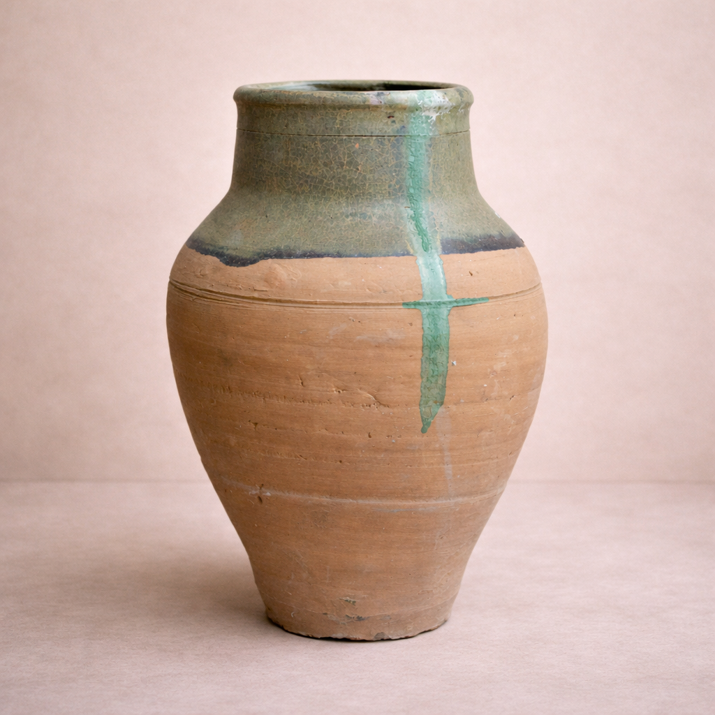 Hand-picked Turkish terracotta urn with green glazed rim in Mediterranean style available in Brisbane.