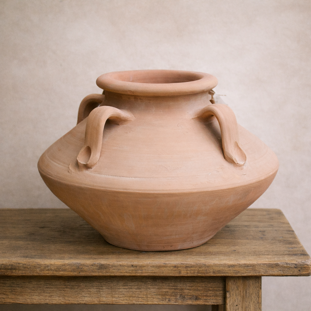Turkish squat terracotta urn with wide sculptural form, ideal for Mediterranean gardens in Brisbane.