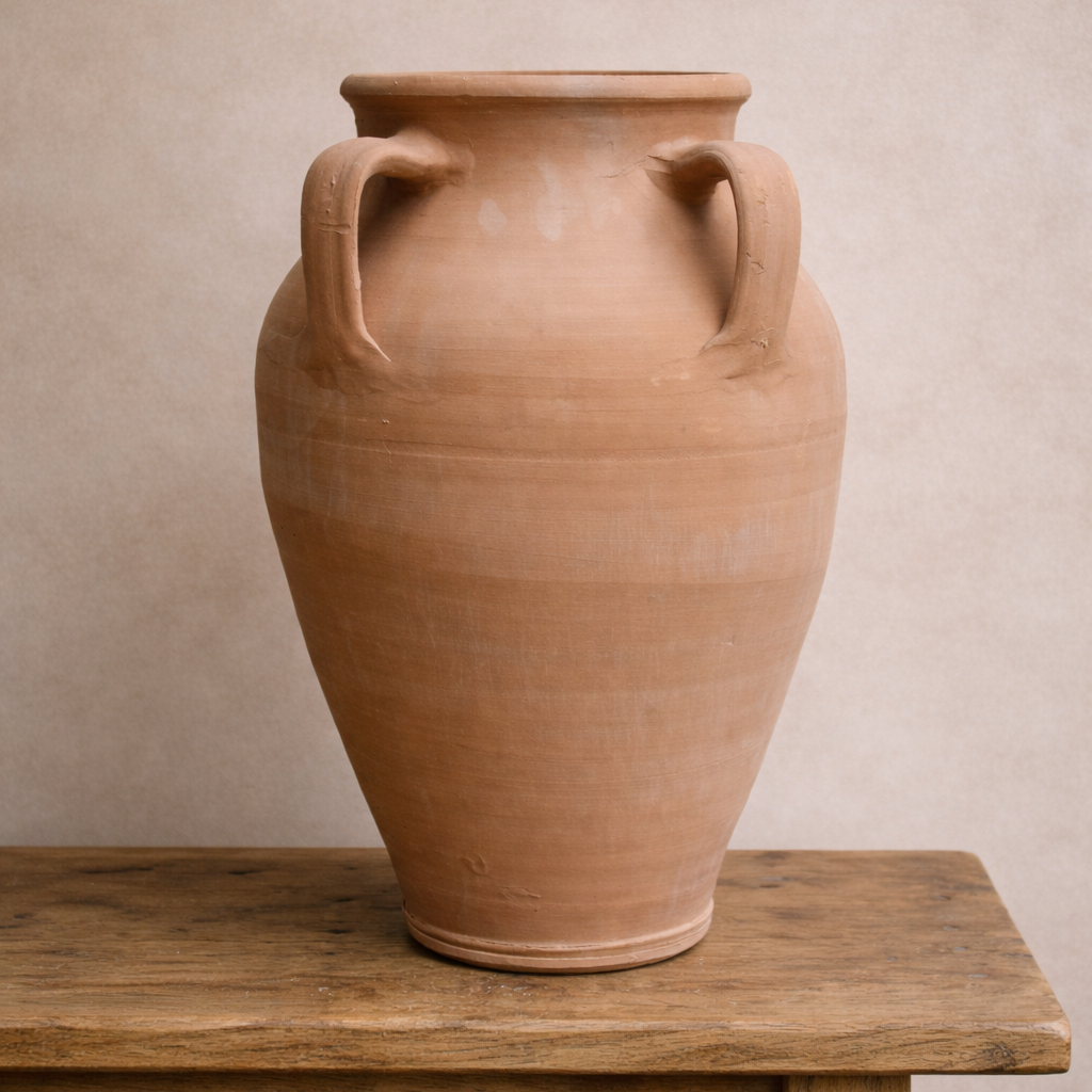 Handcrafted Turkish 4 handle terracotta jar with an aged finish. A sculptural statement piece ideal for courtyards, gardens and outdoor styling.