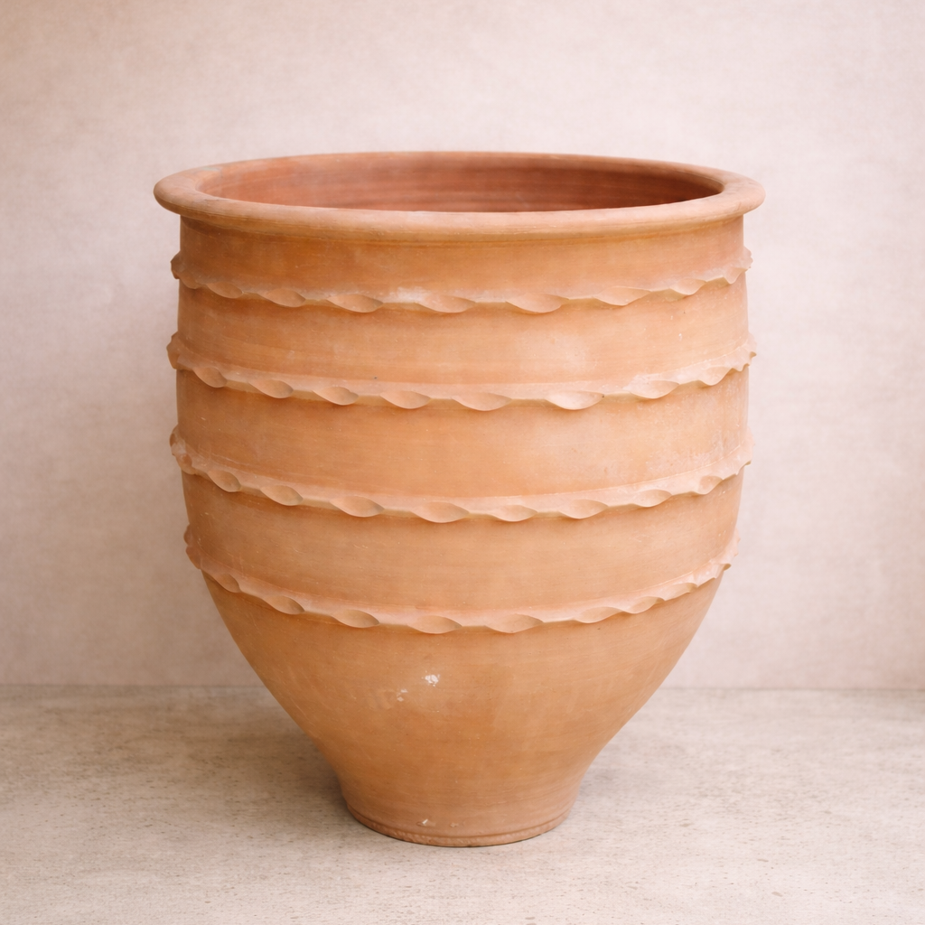 Large handcrafted Turkish terracotta open mouth garden pot with sculptural form, ideal for Mediterranean-style landscapes.