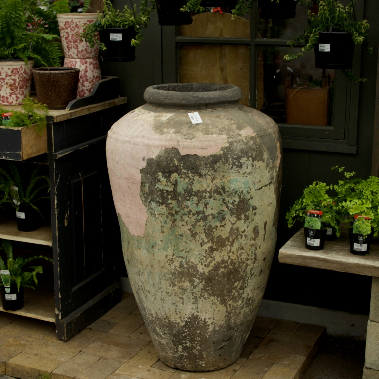 Large vintage Indian terracotta urn with naturally weathered patina, perfect as a statement garden planter or decorative outdoor vessel.