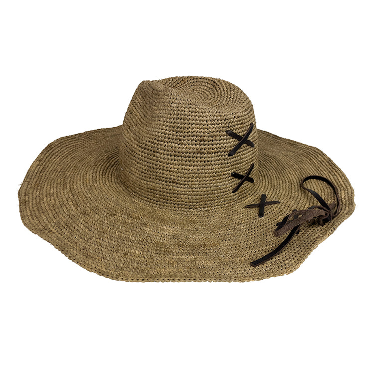 Made in Mada Aziz Lace gardening hat, handwoven from natural raffia with delicate lace-style detailing and a wide brim, available at Brookfield Gardens.