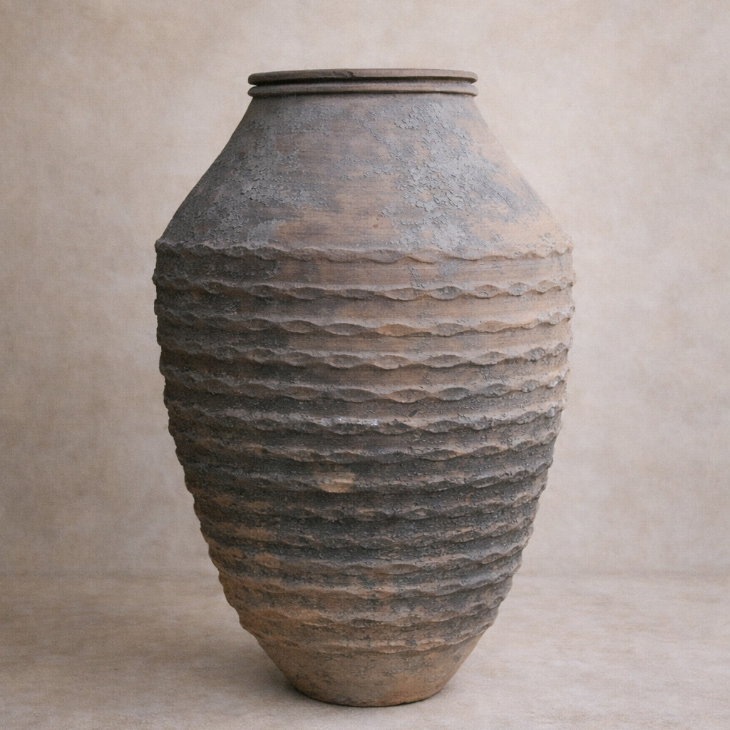 Ancient-style Turkish Odemis terracotta pot with heavily textured surface, displayed against a limewash backdrop.