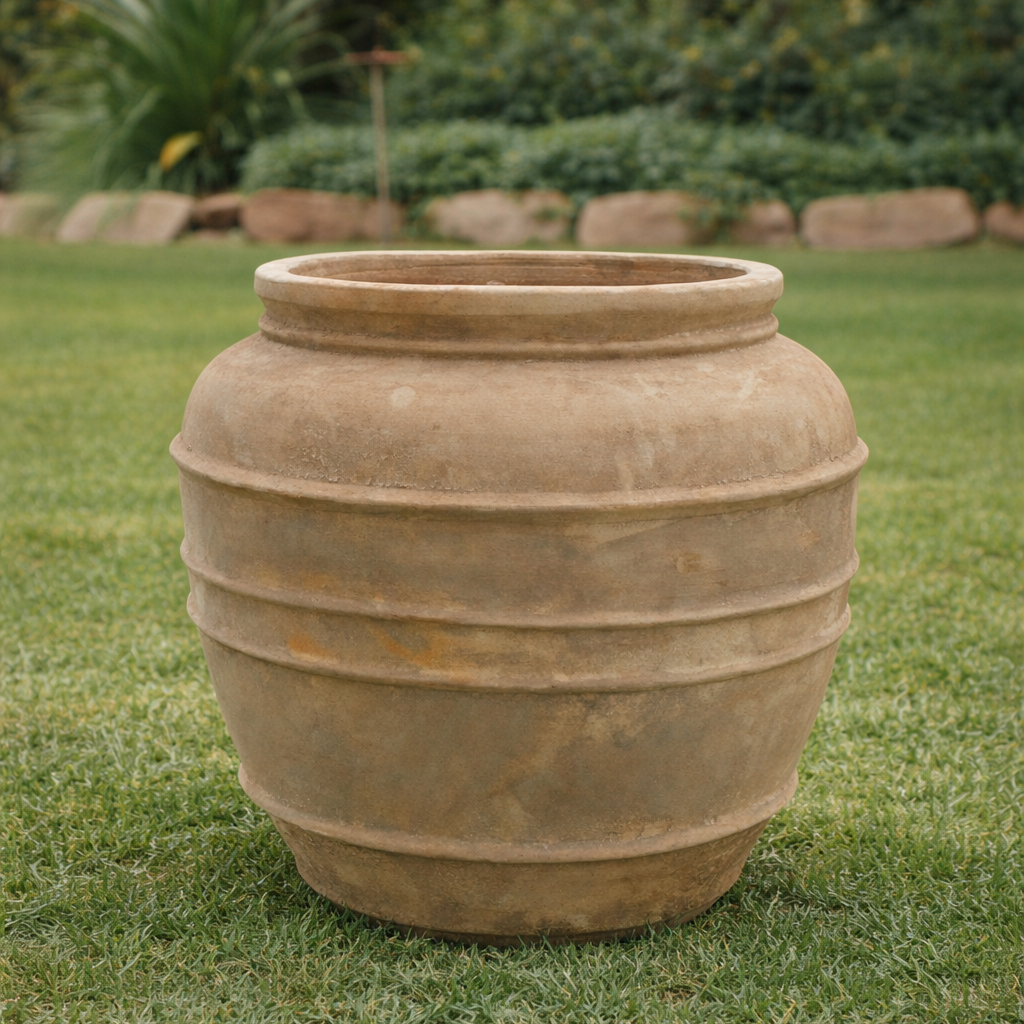 Antique terracotta Chambery jar in garden setting on grass, Brisbane garden style
