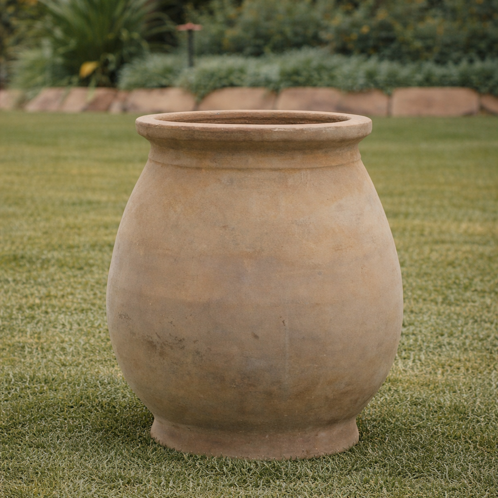 Antique terracotta Andorra jar in garden setting, Brisbane garden style