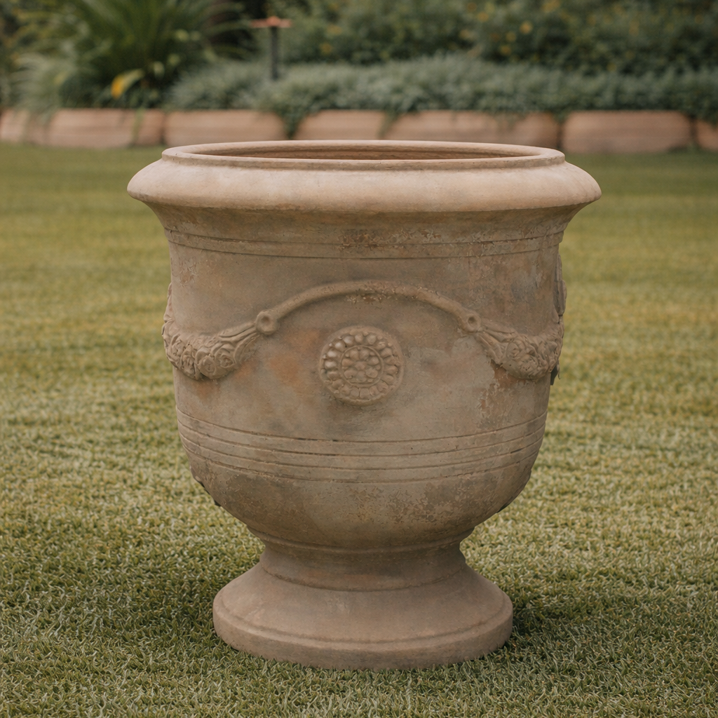 Antique terracotta Anduze urn in garden setting, Brisbane garden style