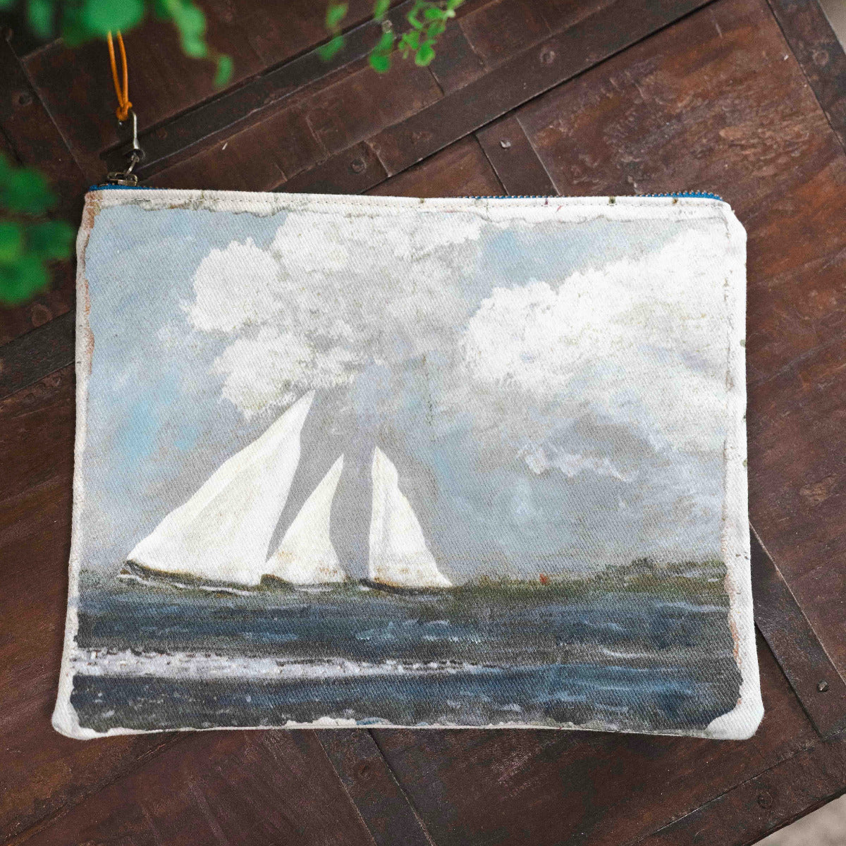 Swarm zip pouch with artistic print on linen cotton fabric, small clutch for everyday essentials