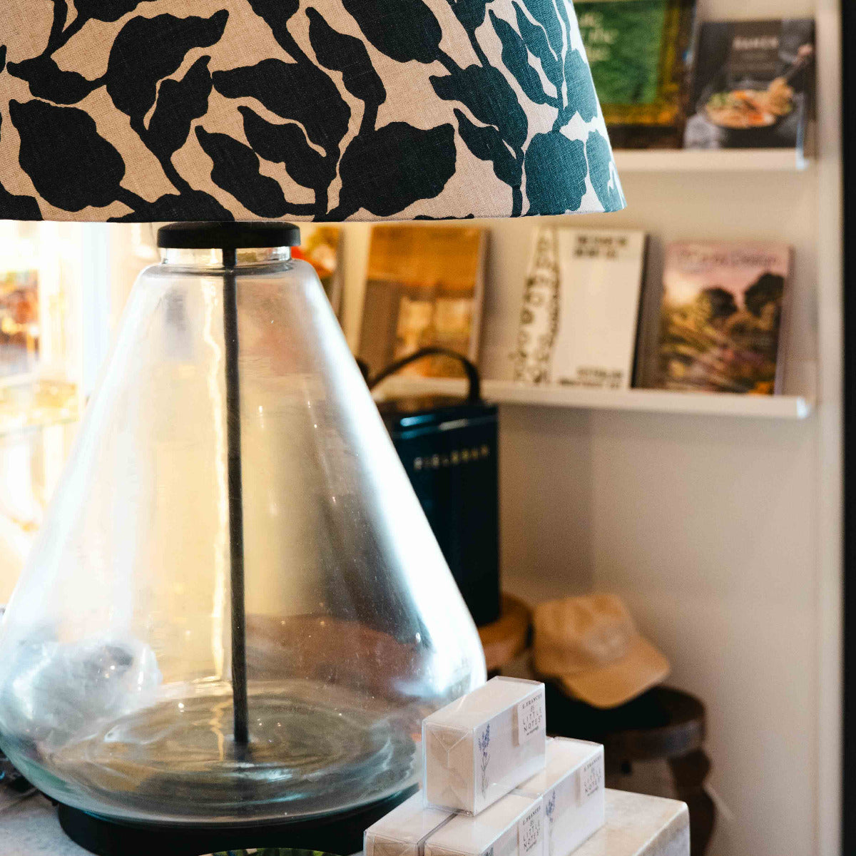 Decorative lamp with floral patterned shade in a room setting