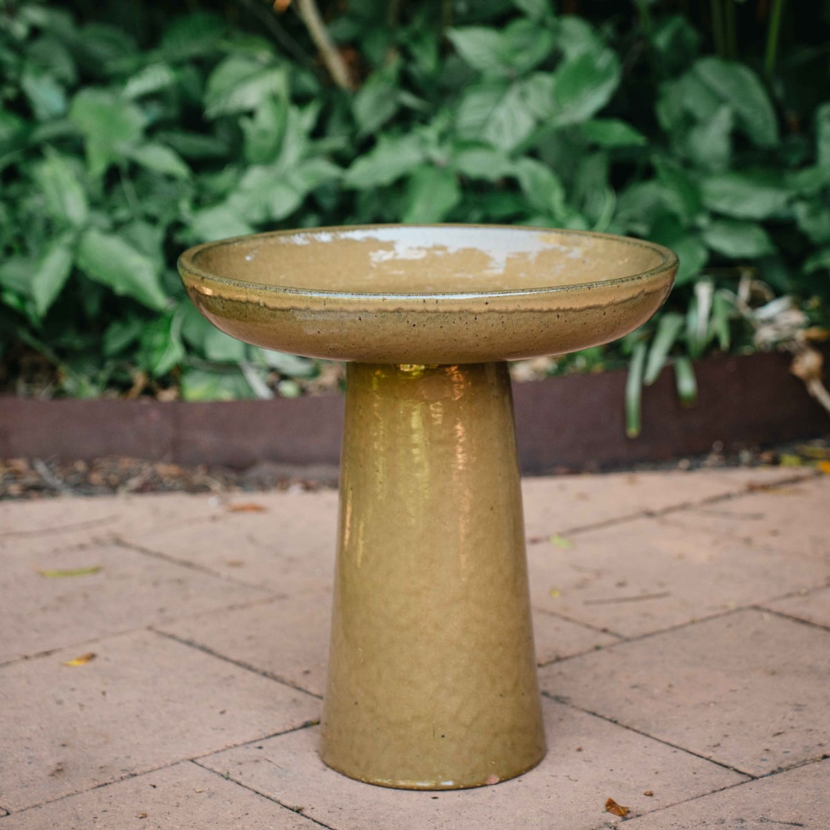 Wren Bird Bath in Almond glaze with rounded bowl and pedestal base in a lush garden setting.