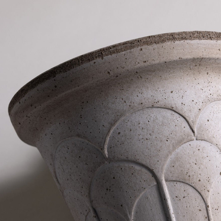 Bergs Potter Fleur grey terracotta pot with embossed floral relief and matching saucer