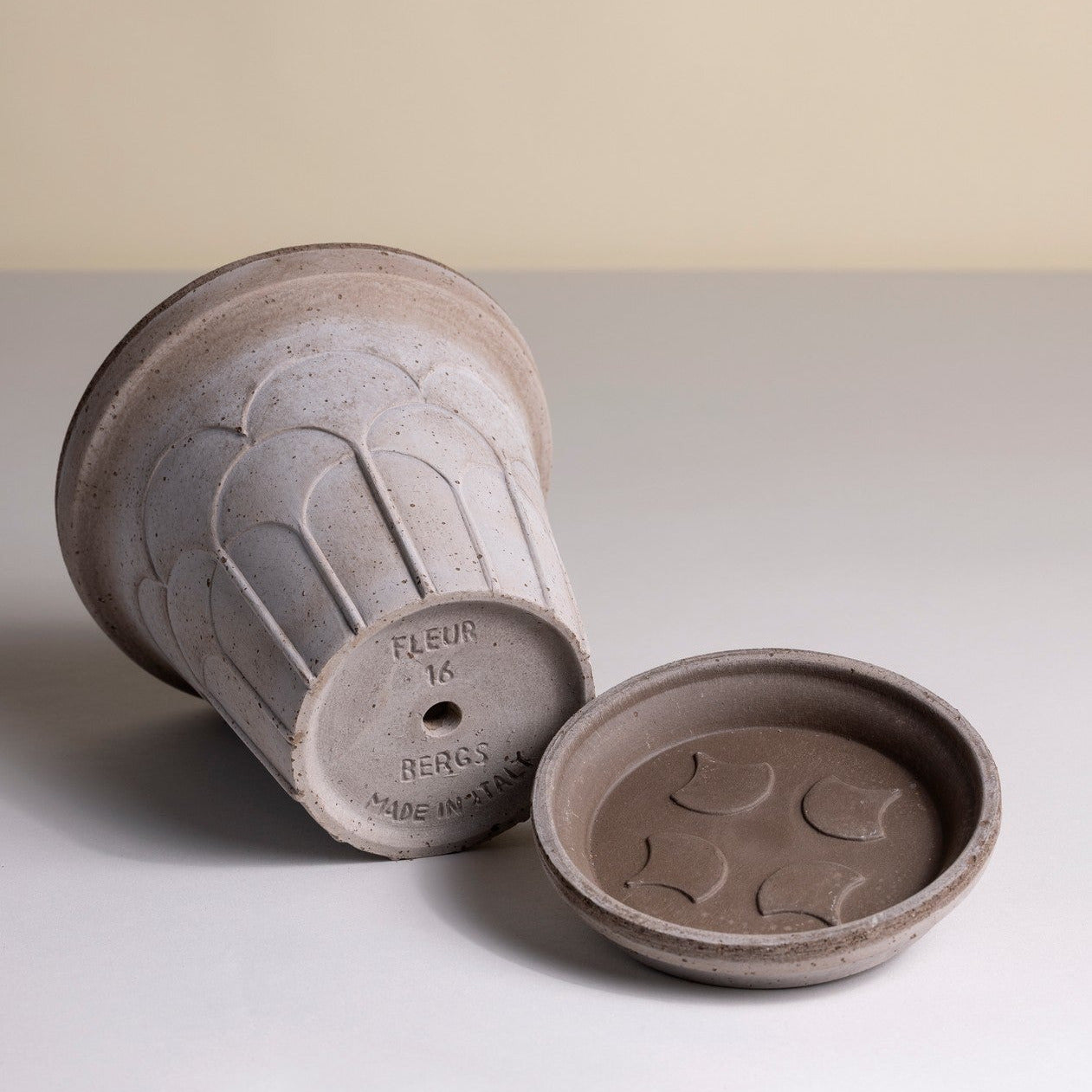 Bergs Potter Fleur grey terracotta pot with embossed floral relief and matching saucer