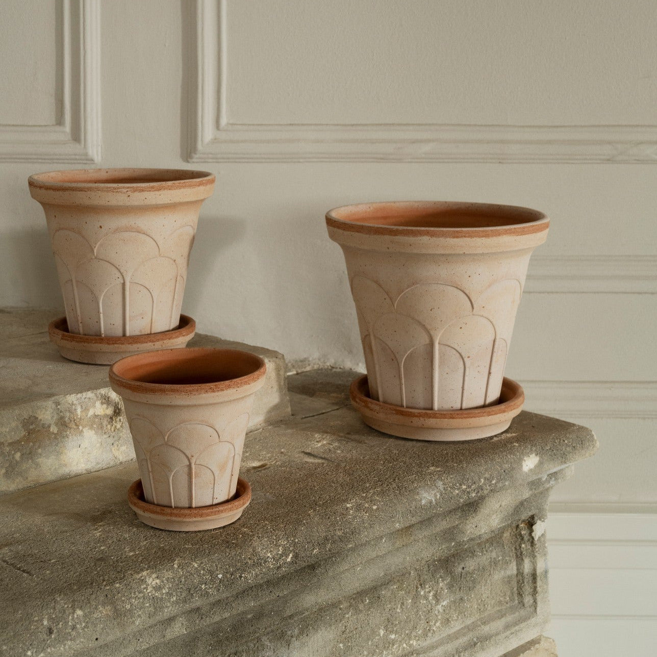 Bergs Potter Fleur rosa terracotta pot with embossed floral relief and matching saucer