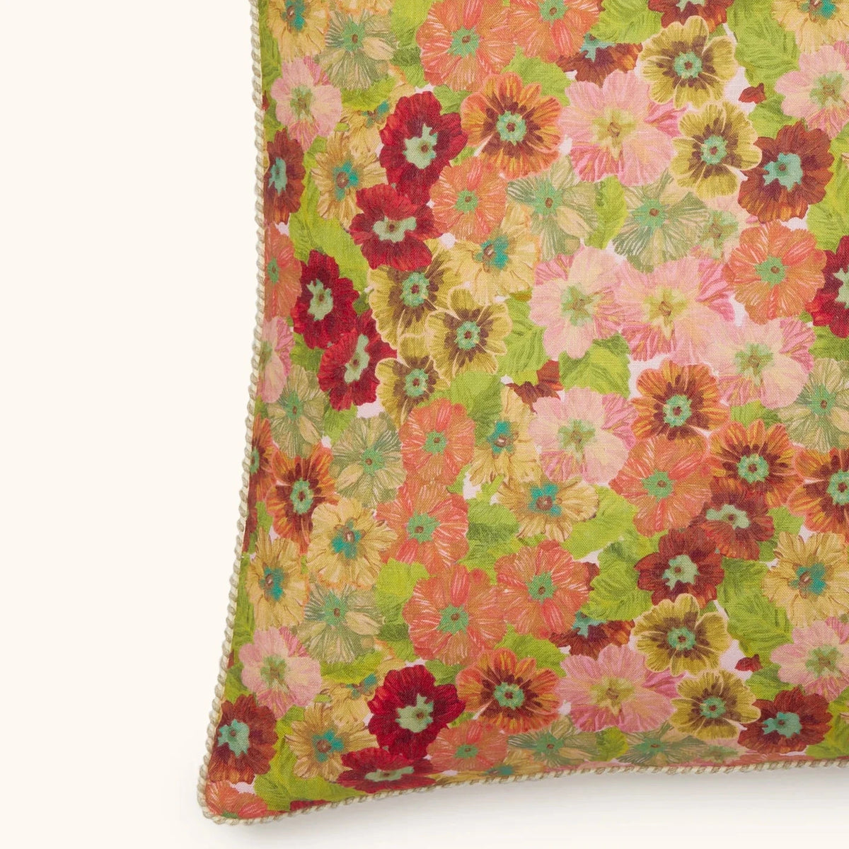 Bonnie & Neil Primrose Sunset Cushion 60cm with hand-drawn floral primrose design and brown scalloped trim