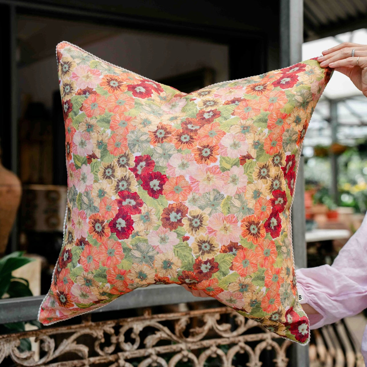Bonnie and Neil cushion Bonnie-Neil-Primrose-sunset-60cm-linen-cushion-living-room-1