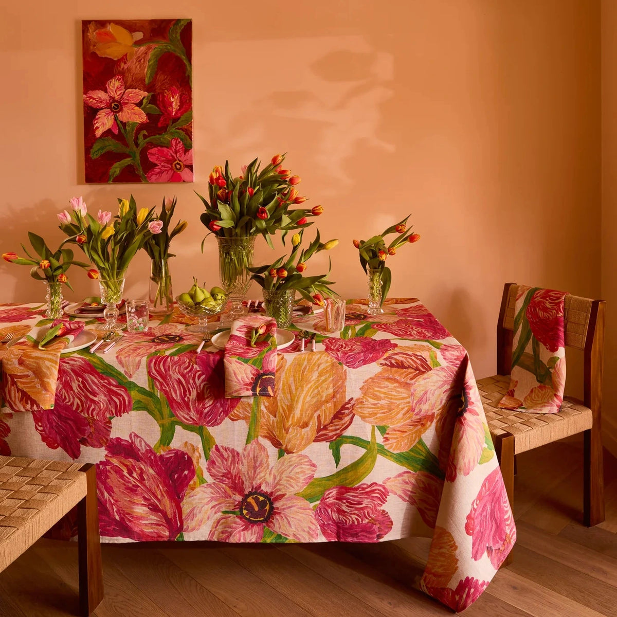 Bonnie & Neil Tulip Tablecloth featuring hand-painted pink Dutch and Parrot tulips on oat French Flax Linen.