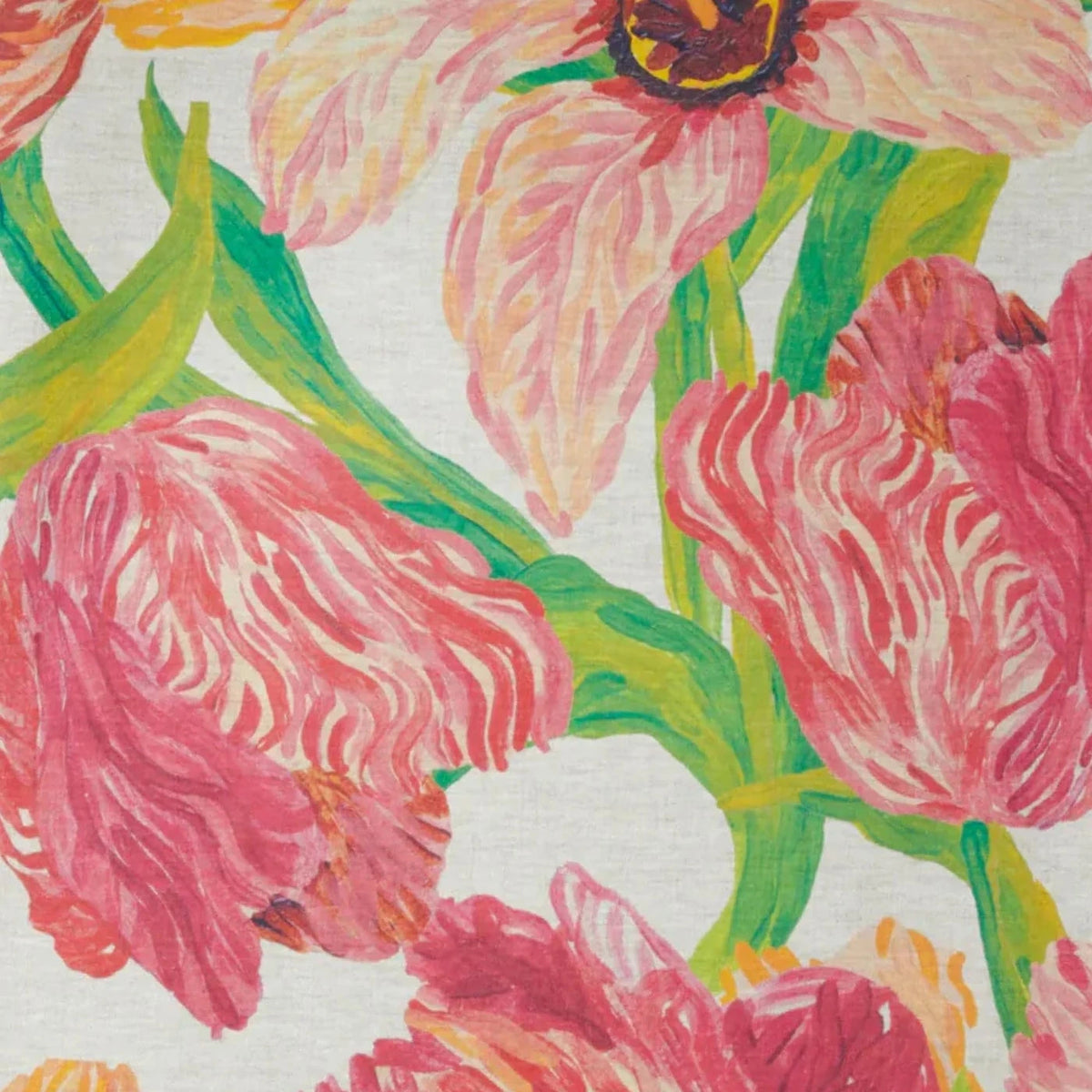Colorful floral pattern with pink, green, and orange flowers on a white background