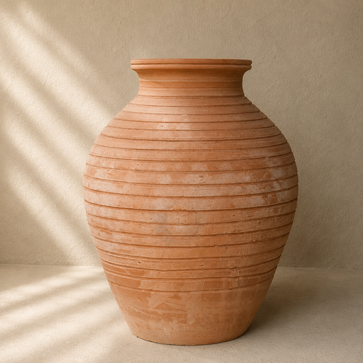 Large terracotta clay urn with rounded form, rolled rim and horizontal textured detailing.