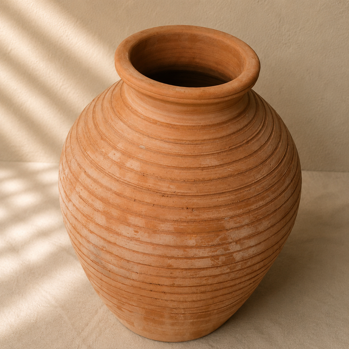 Large terracotta clay urn with rounded form, rolled rim and horizontal textured detailing.