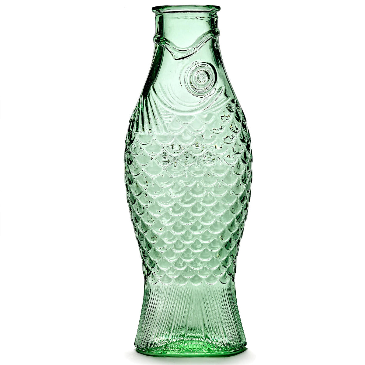 Green glass fish-shaped vase on a white background