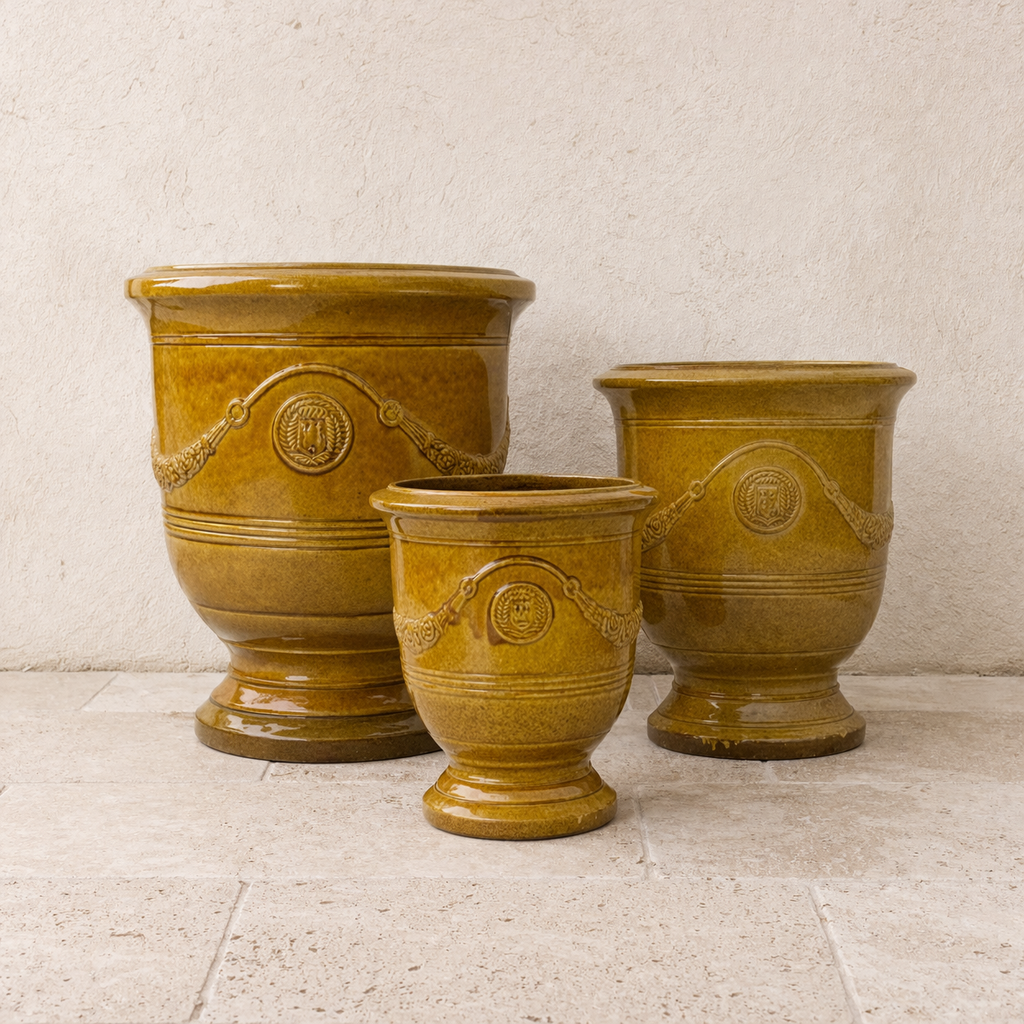 Mustard glazed Anduze urn in garden setting, Brisbane garden style