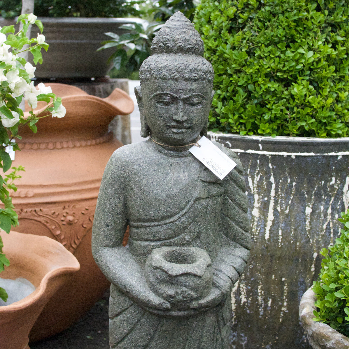 Greenstone Standing Buddha Holding Bowl