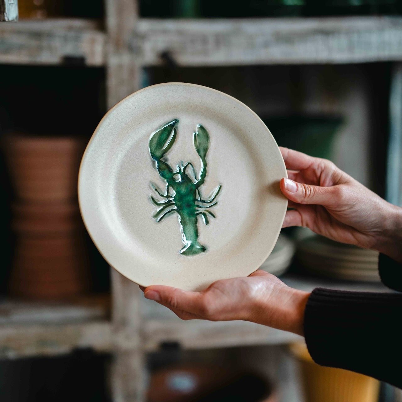 Bloomingville Lobster Stoneware Plate Set of 4 featuring a reactive glaze and embossed lobster design. Danish-designed dinnerware for everyday dining and entertaining.