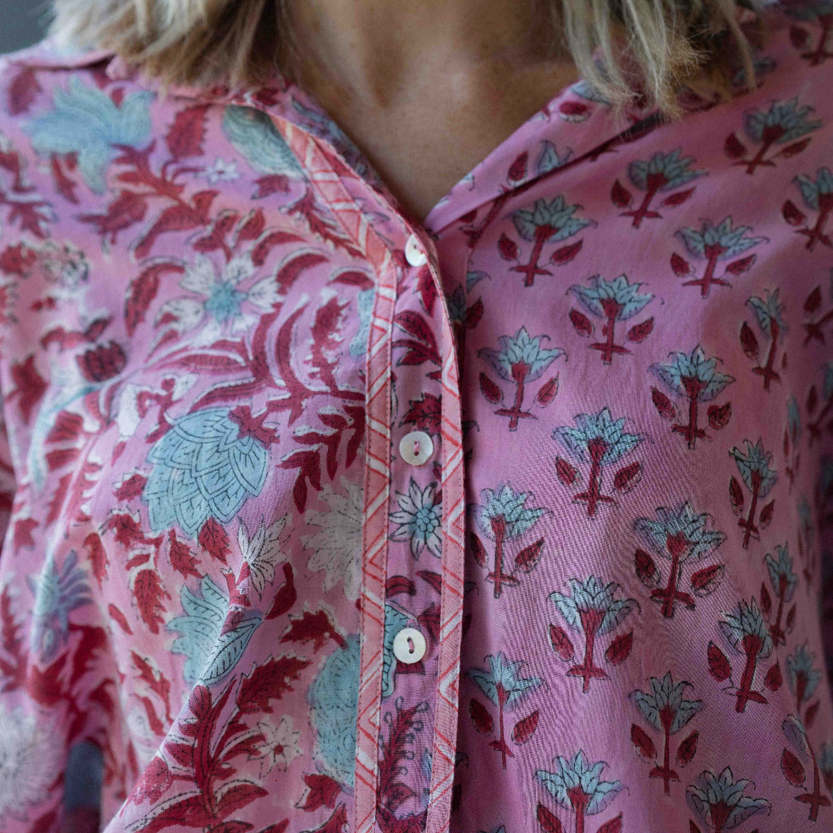 Kamala Block Print Chalm Shirt in recycled cotton voile with mixed floral block prints and relaxed button-down silhouette.