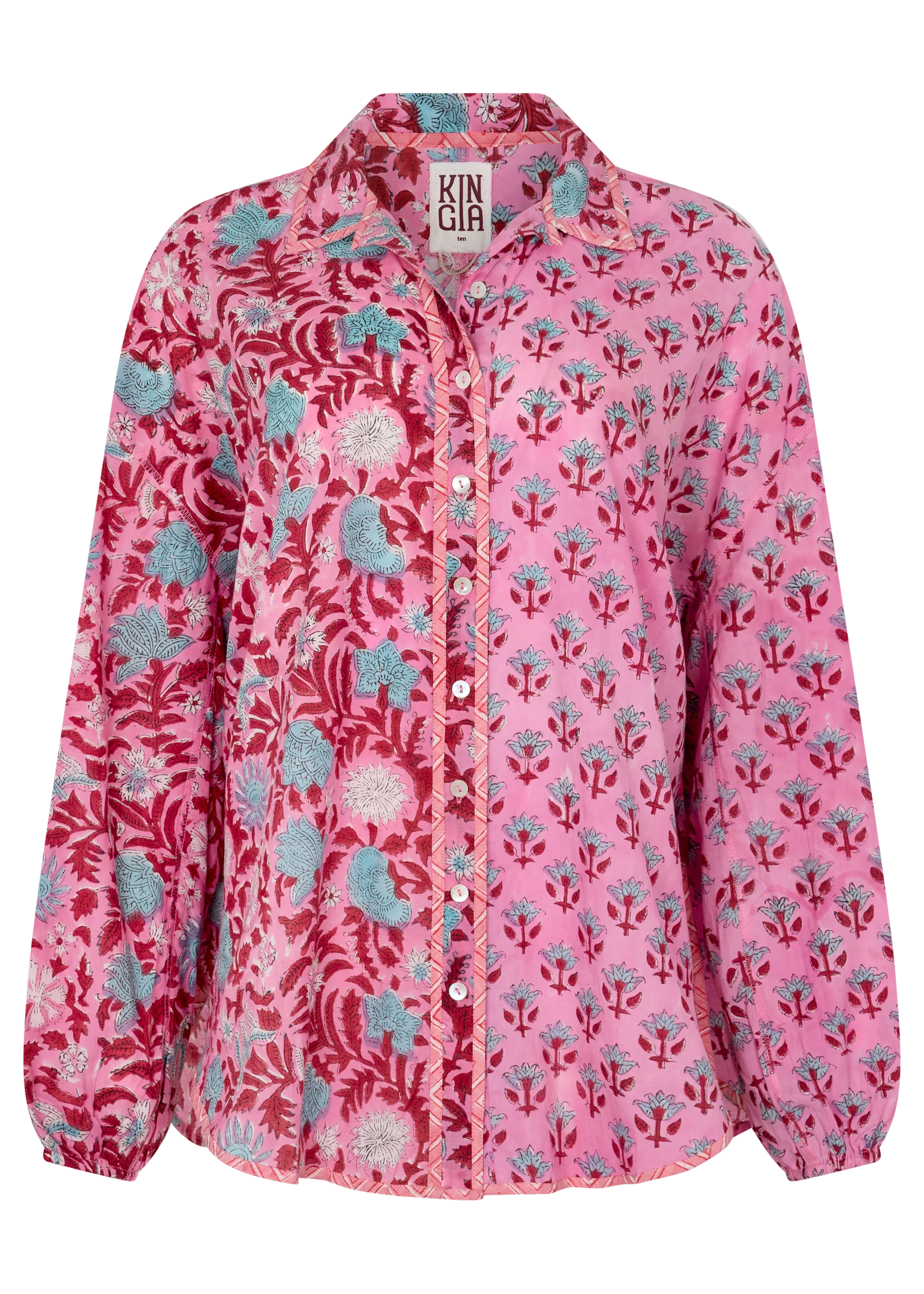 Kamala Block Print Chalm Shirt in recycled cotton voile with mixed floral block prints and relaxed button-down silhouette. Kinga Csilla exists to meet a surging demand for quality, ethical clothing options.