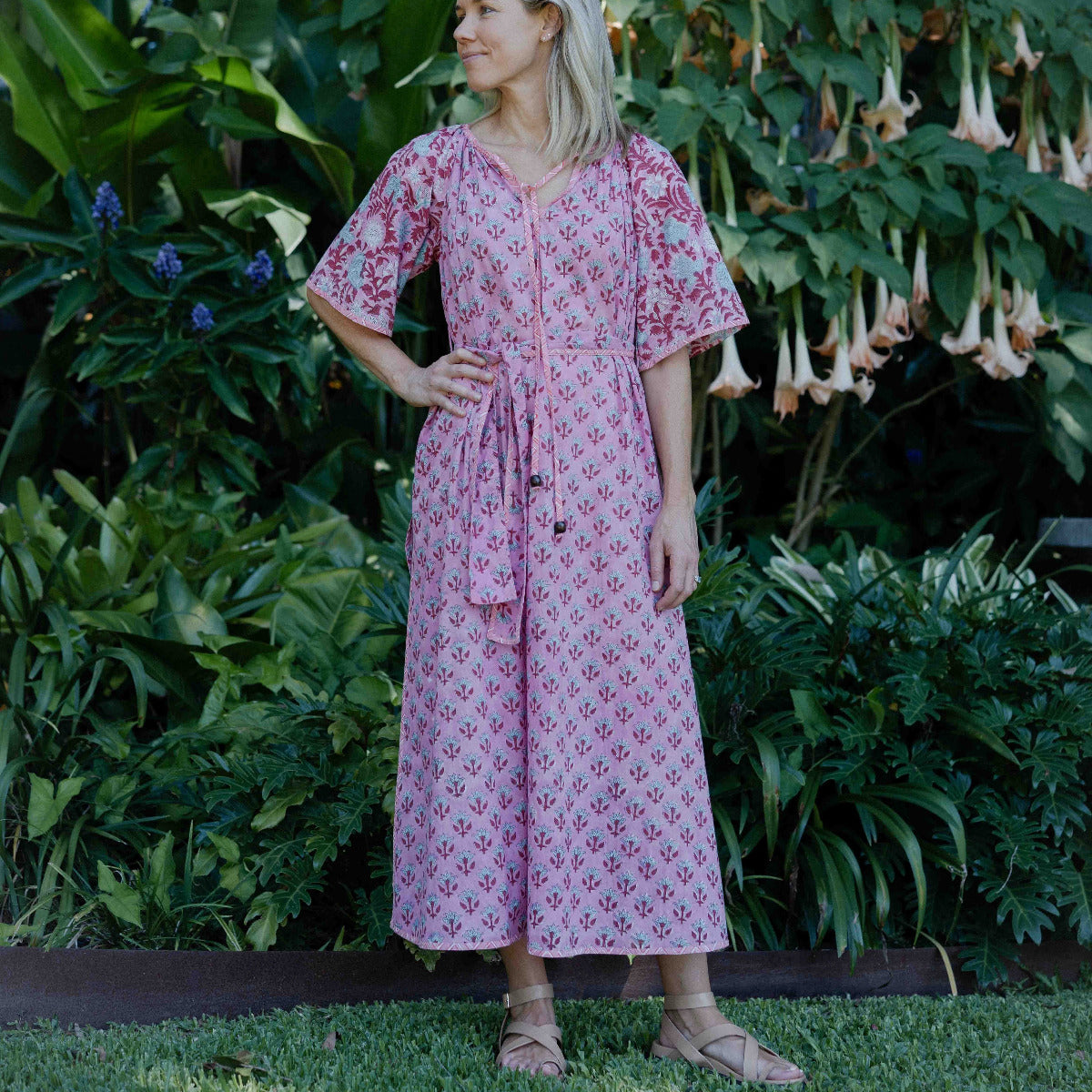 Kamala Block Print Primavera Maxi dress featuring hand block print, flowing tiered silhouette and soft cotton voile fabric.