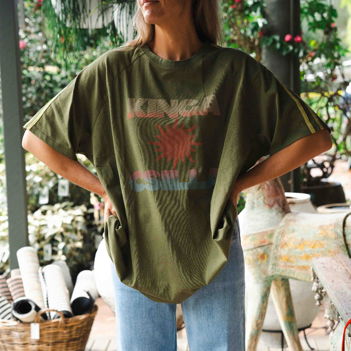 Kinga Csilla Sunset Tee in soft olive cotton with signature gradient print. Relaxed fit everyday essential with effortless bohemian style.