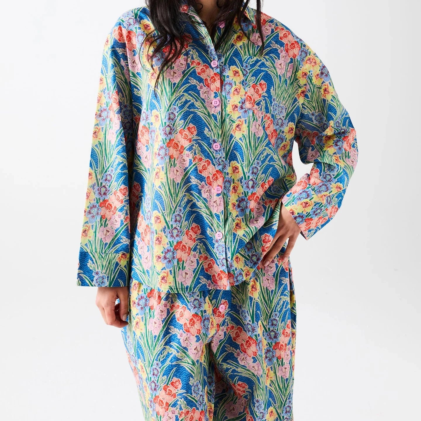Kip&Co x Anna Spiro Gladiolus adult organic cotton long sleeve pyjama set with vibrant floral print.