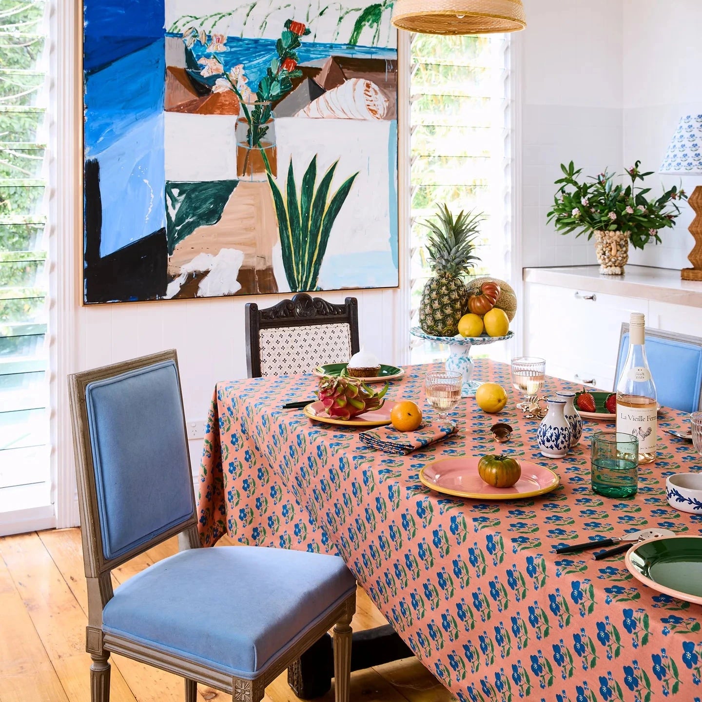 Kip&Co x Anna Spiro Indian Summer Rose floral tablecloth in linen cotton blend.