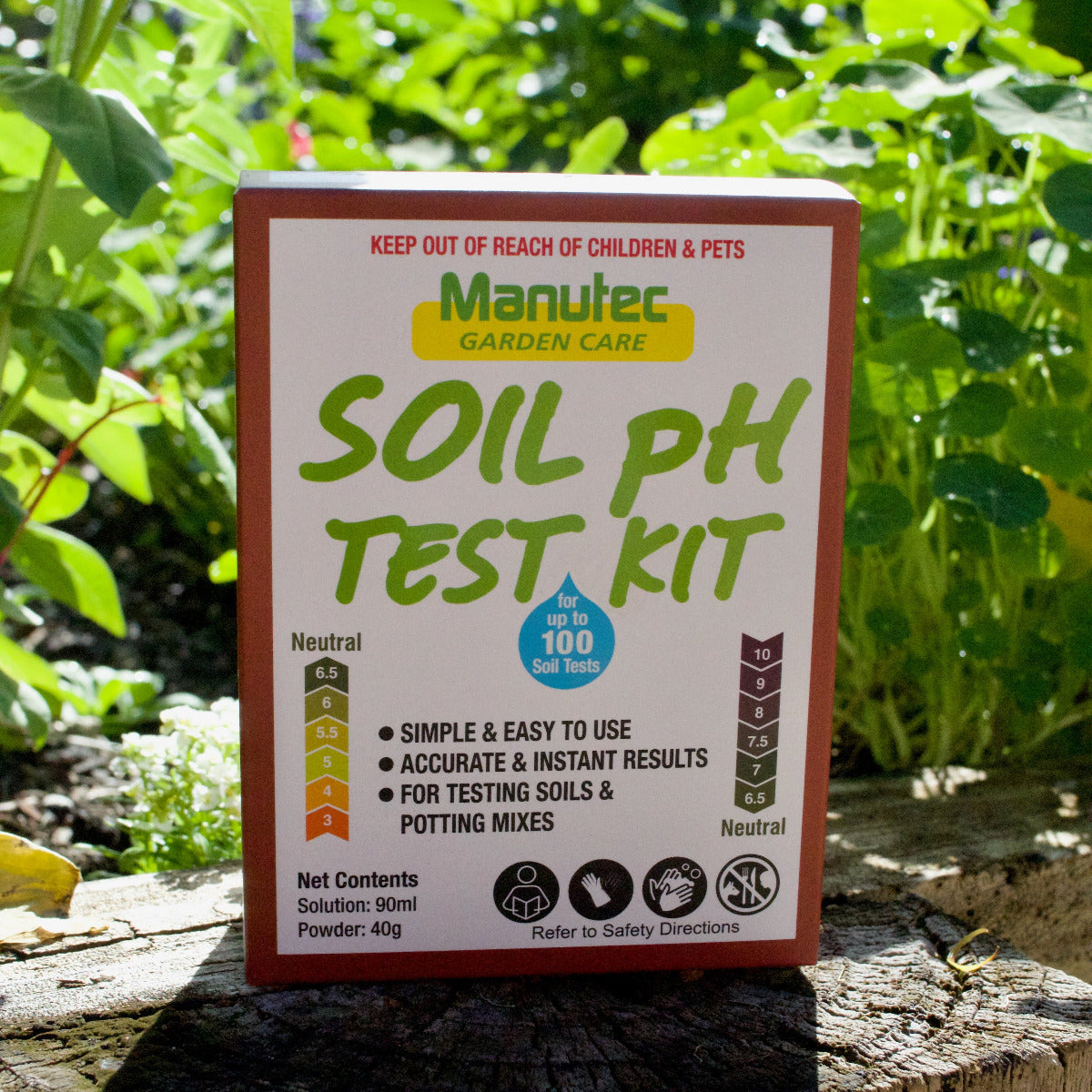 Manutec Soil pH Test Kit for testing soil acidity and alkalinity in gardens and pots.