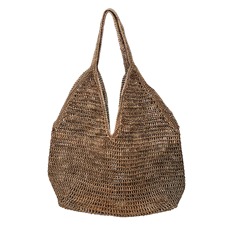Brown woven handbag on a white background
