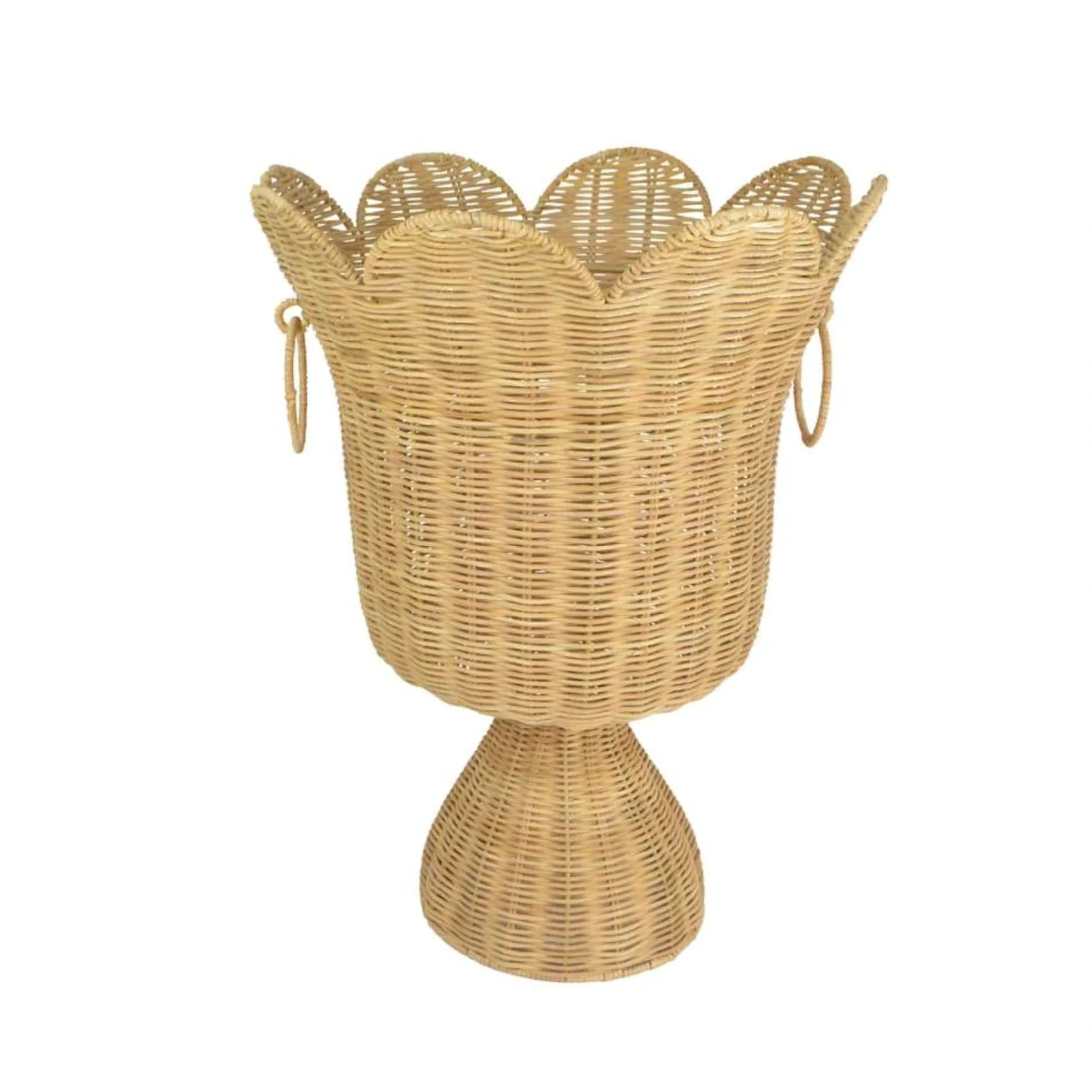 Wicker waste bin with scalloped design on a white background