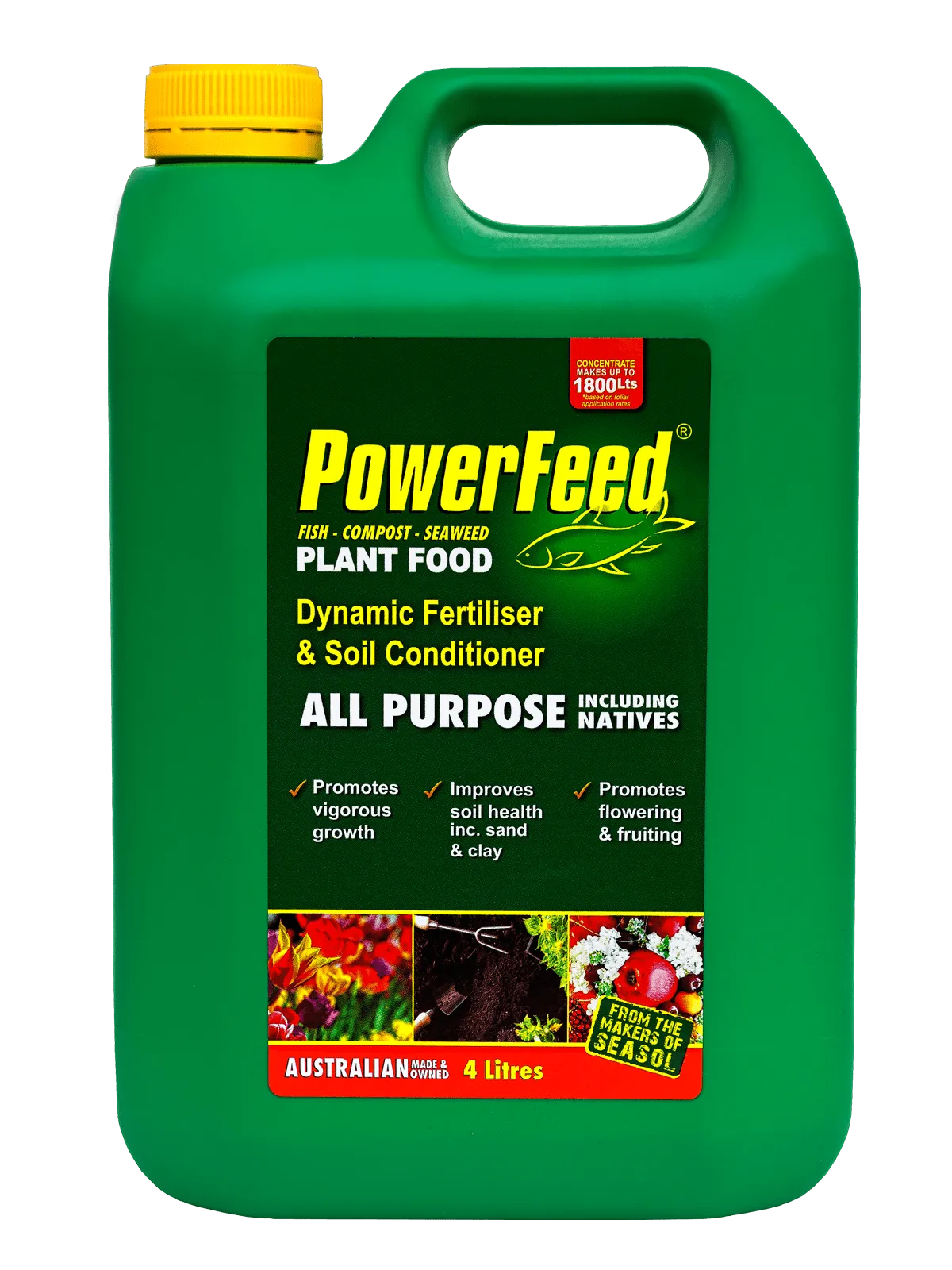 PowerFeed All Purpose Plant Food liquid fertiliser available in 1L concentrate, 2.5L hose-on and 4L concentrate.