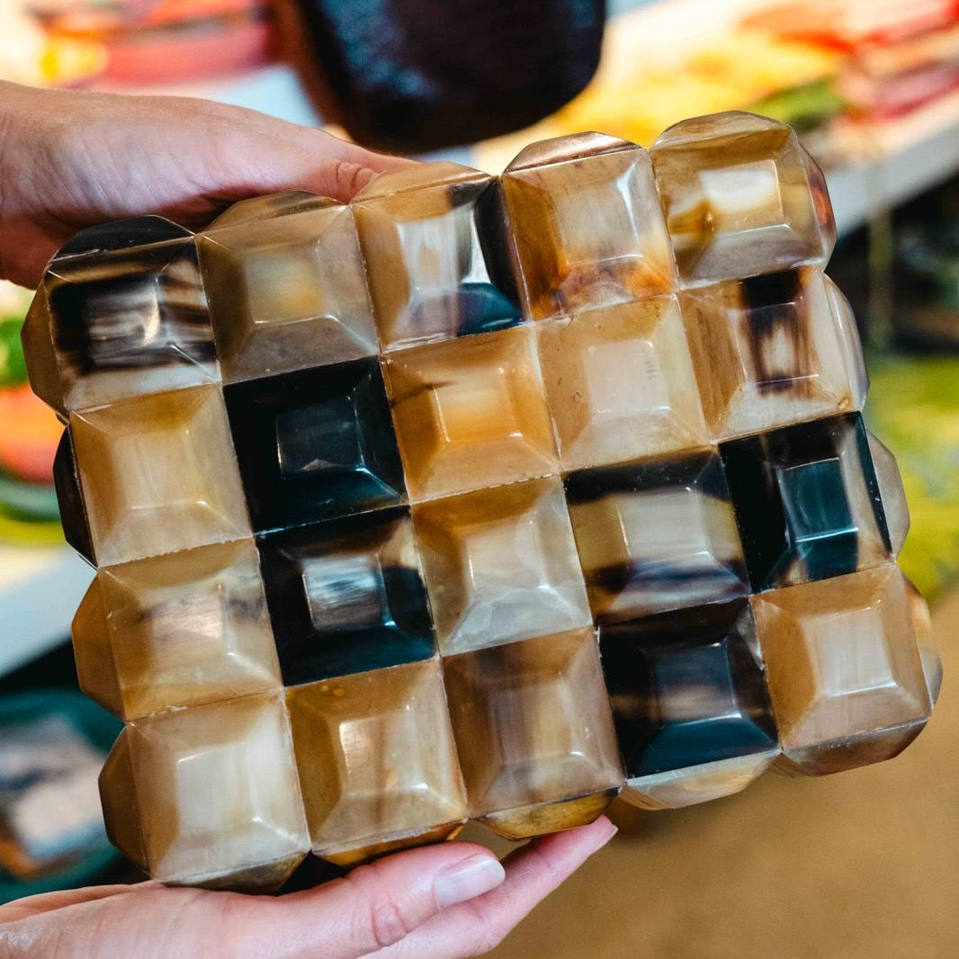 Prism horn box with faceted geometric design in warm caramel, ivory and tobacco tones, handcrafted decorative storage box with lid Brisbane