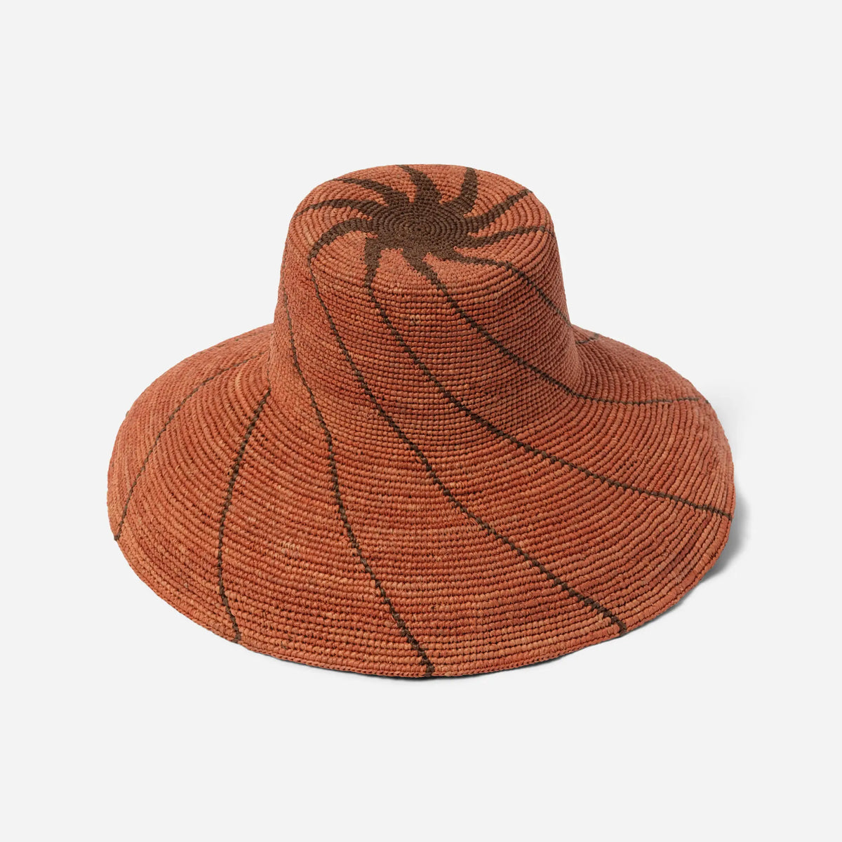 Tanora Rahel Horizon handwoven natural raffia hat featuring an earthy landscape-inspired pattern and wide wired brim, available at Brookfield Gardens.
